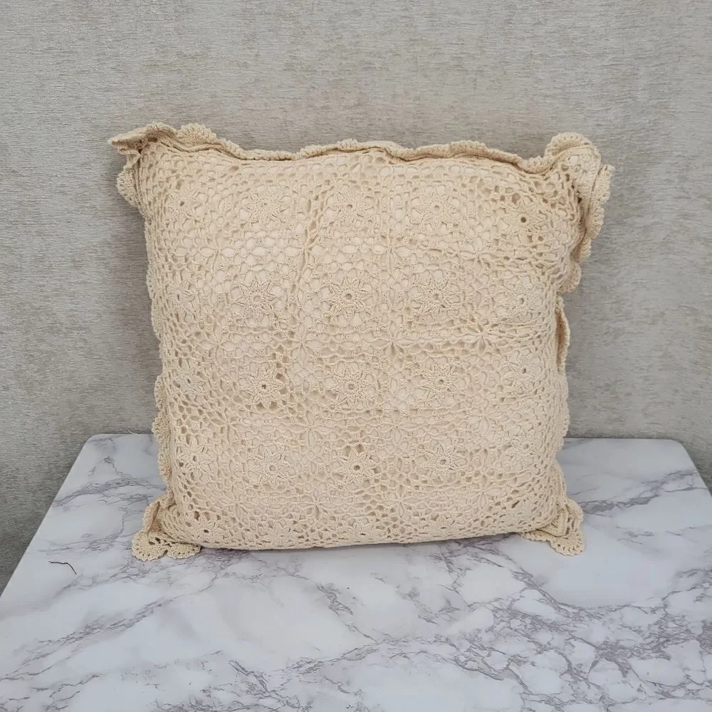 Vintage Cream Hand Crochet Lace Cotton Pillows Set of 2